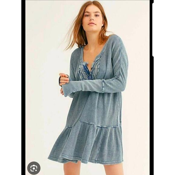 Free People One Jolene Blue Thermal Waffle Knit Tiered Long Sleeve Mini Dress M - Picture 7 of 7